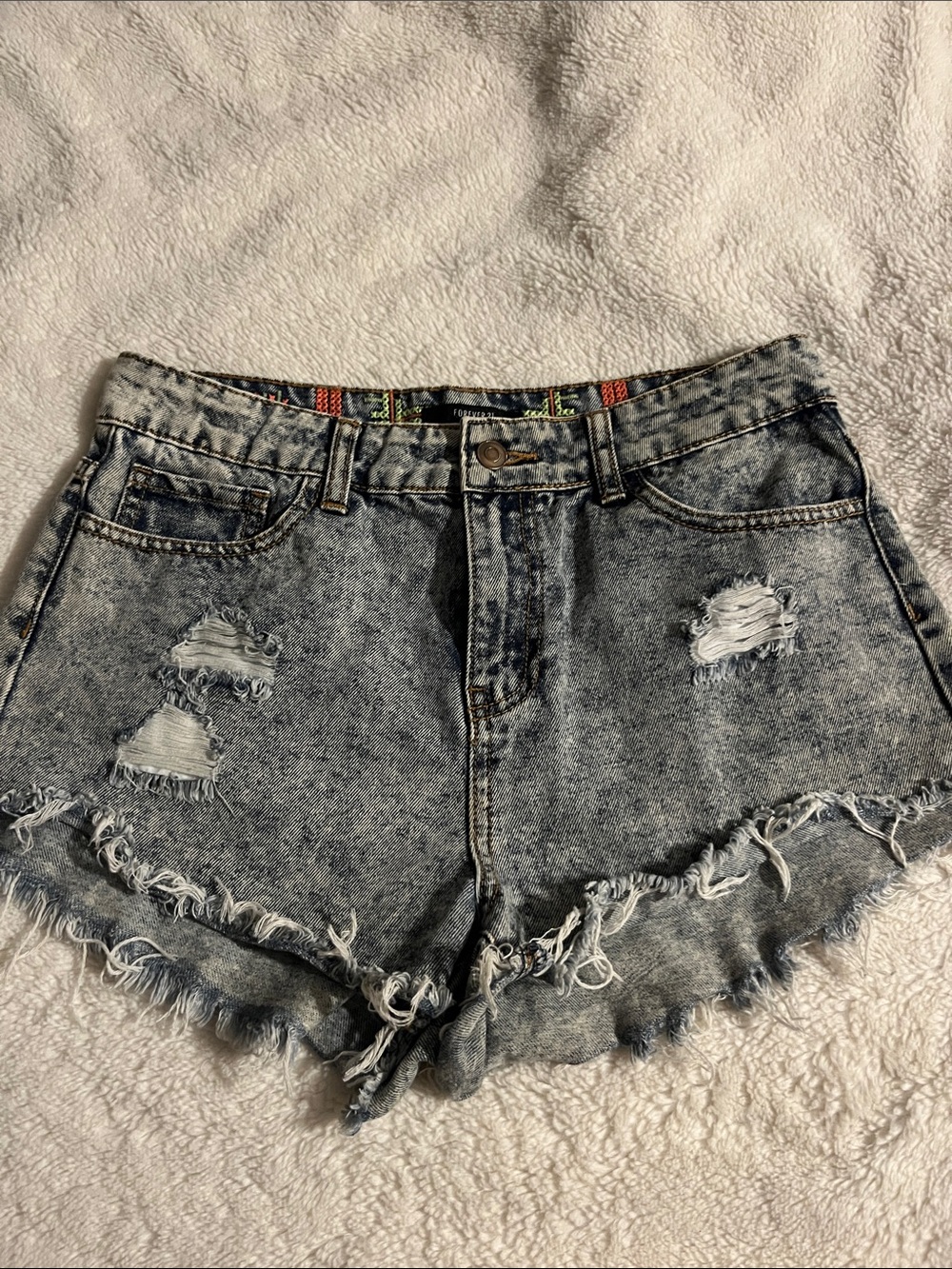 Forever 21 Acid Wash Blue Distressed Denim Shorts